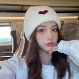 Bonnyshow Winter Warm Beanies for Women Love Heart Embroidered Knitted Hat Korean Fashion Female Crochet Woolen Hats