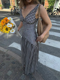 Bonnyshow  Reteo Plaid V Neck Split Sling Dress Women Elegant Splicing Pleated Sleeveless Backless Maxi Gowns Summer Vacation Street Robes