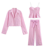 Bonnyshow  Women's Versatile Collar Striped Shirt with Belt Casual Pants Spring New Style Three Piece Set