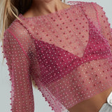 Bonnyshow Mesh Sexy See Through Cover Up Women  Summer Hollow Out Hot Drill Short Shirts Ladies Party Sexy Beach Crop Top Girls