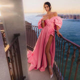 Bonnyshow Pretty Pink Split Long Evening Dresses With Bubble Short Sleeves A-line Long Formal Party Dress Maxi Gowns