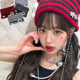 Bonnyshow Y2K Cute Star Devil Knitted Beanies for Women Korean Ins Striped Knitted Skullies Hat Autumn Winter Warm Wool Pullover Cap