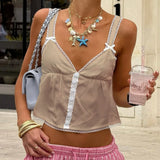 Bonnyshow  Women's Fairy 2000s Summer Tops Mini Bows Straps V Neck Crop Tops Open Back Lace Trim Button Tank Tops Streetwear
