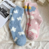 Bonnyshow Winter Mink Velvet Socks for Women Kawaii Floral Print Plush Sock Solid Color Cartoon Warm Female Lady Mid Tube Socks