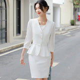  Bonnyshow  Women Formal 2 Pieces Set  New Fashion Lantern Sleeve Jacket + White Dress Suit Office Ladies Business Blazers Skirt Set