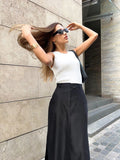 Bonnyshow New Women's Fashionable Vintage Elastic Waist Buttons Skirts Summer Female Casual Cotton Black Stylish Split Long Skirts