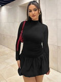Bonnyshow New Fashionable Spicy Girl Slim Fit Dress Versatile Hip Hugging Ruffle Edge Dress Women's Long Sleeved Short Dresses