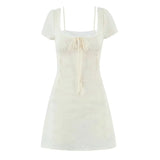 Bonnyshow  Retro Beige Hollow Out Embroidery Mini Dress Sweet Girl Short Sleeve A-line Slim Summer Dresses Holiday Robe