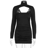 Bonnyshow Autumn Black Dresses Women New Fashion Long Sleeves Turtleneck Dress Sexy Hollow Out Backless Bodycon Sheath Elegant Lady Dress