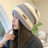 Bonnyshow Korean Stripe Beanie Cap for Women Winter Thick Thread Needle Knitted Hat Vintage Hip Hop Female Slouchy Hats