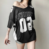Bonnyshow  Y2k Aesthetic Summer Letter Printing T-shirts Harajuku Patchwork Loose Oversize Tops 2025 Women Harajuku Skew Collar Casual Tees