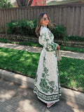 Bonnyshow  Chic Green Print Single Breast Maxi Dress Women Elegant Lapel Long Lantern Sleeves Long Robes  New Beach Vocation Vestido