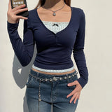 Bonnyshow Patchwork Sexy Women Tees Solid Autumn Streetwear V-Neck Long Sleeves Bodycon Crop Top Fashion Casual Slim Basic T-shirt Female