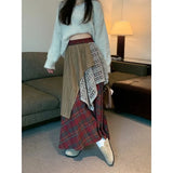 Bonnyshow Streetwear Contrast Color Patchwork A-line Skirt Women 2025 Spring New High Waist Hollow Loose Pleated Plaid Mid-length Skirt