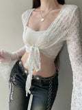 Bonnyshow  Y2K Solid Flared Sleeve Cardigan Casual Lace-up Beach Cover-Ups Coquette White Long Sleeves Shirts Sunscreen Outwear