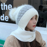 Bonnyshow Winter Thicken  Add Fur Knitted Soft Hat With Scarf Outdoor Cycling Windproof Keep Warm Balaclava Pompoms Ball Caps