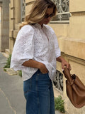 Bonnyshow  Embroidery Hollowed Out Shirts Women Sexy Lace Up Loose Blouse Short Sleeve Holiday Shirt Tops Women Summer Fashion T Shirt