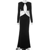 Bonnyshow Black Hollow Out Maxi Dress for Women Fashion Long Sleeve Slim Evening Party Dresses Autumn Winter Sexy Night Club Outfits