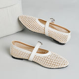 Bonnyshow  Hollow Out Weave Mary Janes Shoes Women Pu Leather Breathable Summer Flats Shoes Ladies Pointed Toe Elegant White Loafers New