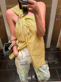 Bonnyshow Summer Elegant Commuting Yellow Striped Shirt Women 2024 New High-Quality Irregular Twisted Interlocking Design Loose Top Vest