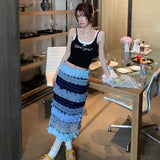 Bonnyshow  Summer New Stylish Spliced Stripe Fungus Edge Mesh Skirt High Waist Slimming Straight Tube Cake Midi Skirts for Women