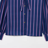 Bonnyshow  women's casual simple stand up collar long sleeved fashionable bow decoration striped summer new shirt
