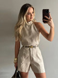 Bonnyshow  Women Solid Sleeveless Turtleneck Belted Shorts Set Halter Crop Tops Straight Leg Trunk Summer Elegant Suit New Office Lady Sets