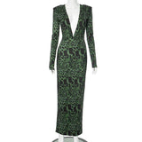 Bonnyshow Green Leopard Print Maxi Dress for Women Sexy Deep Neck Slim Evening Party Dresses Autumn Winter Long Sleeve Club Outfits