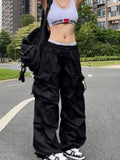 Bonnyshow Y2K Parachute Black Pants Women Hippie Streetwear Oversize Pockets Cargo Trousers Harajuku Wide Leg Baggy Sweatpants