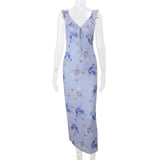 Bonnyshow  Women Sexy Skinny Flower Print Midi Dress Chic Backless Ruffled V Neck Sling Vestidos 2025 Summer Lady Vacation Elegant Sundress