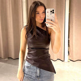 Bonnyshow Fashion PU Leather Sleeveless T Shirts Side Zipper One Shoulder Asymmetrical Tank Tops Women Clothing Fall 2024