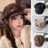Bonnyshow Retro Button Berets for Women Spring Autumn Corduroy Baseball Cap Korean Solid Color Warm Girls Octagonal Hats