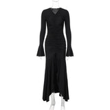 Bonnyshow Black Long Sleeve Maxi Dress for Women Elegant Fashion Ruched Slim Evening Party Dresses Autumn Winter Sexy Christmas Dress