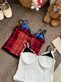 Bonnyshow  Summer Sweet Spice Girl Lace Outerwear Crop Top American Style Fake Two-piece Plaid Contrasting Color Sling Vest Women's