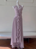 Bonnyshow  Womens Elegant Purple Halter Neck Maxi Dress Ruffled Neckline Ruched Waist Floral Detail Formal Evening Party