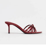 Bonnyshow  Wine Red High Heels Sandals for Women Square Toe Bowtie Decor Summer Outdoor Slippers Thin Heeled Party Wedding Shoes