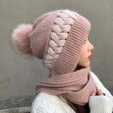 Bonnyshow Winter Thicken  Add Fur Knitted Soft Hat With Scarf Outdoor Cycling Windproof Keep Warm Balaclava Pompoms Ball Caps