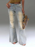 Bonnyshow  Women Bandage Flare Washed Denim Trousers Korean Fashion Drawstring Waist Fringes Palazzo Pants  Female Fashion Summer 2025