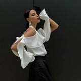 Bonnyshow spring French design fashionable halter top ruffled round neck off-shoulder long-sleeved high-end white shirt