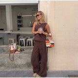 Bonnyshow  Summer Women Casual Vest Set Sleeveless Round Neck Loose Top Brown Jacquard Wide Leg Pant Streetwear Outfit Lady Daily Wear