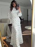 Bonnyshow  Ruffle Printed Long Sleeve Long Dress Women's Elegant Contrast Color Slim Fit Lace Waist Casual Summer Fashion Long Dress