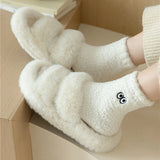 Bonnyshow Cute Coral Fleece Socks Women Winter Warm Thicken Plush Indoor Sock Cartoon Big Eye Solid Color Female Floor Socks