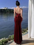 Bonnyshow  Red Velvet Sleeveless Slip Maxi Dress 2023 Fashion Sexy Club Backless Bandage Birthday Evening Party Women Elegant Long Dresses