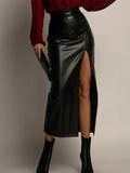 Bonnyshow  Vintage Split PU Leather Skirts Women Loose Commuter High Waist Hip Package Female Skirts 2025 Early Spring Lady Streetwears