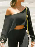 Bonnyshow  Casual Off Shoulder Skew Collar Women's Top Solid Basic 90s Y2k Chic Knitted Crop Shirt Fashion Streetwear Tees
