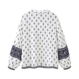 Bonnyshow  women's shirt with puffy sleeves round V-neck print casual temperament summer new style shirt
