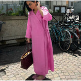 Bonnyshow  Casual Solid Women Long Dresses Chic Lace Up Turn-down Collar Split Full Sleeve Female Dress 2025 Summer Elegant Lady Vestidos