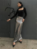 Bonnyshow  Fashion Silver Long Skirt High Waist Luxury For Women Slim Streetwear Summer Sheer Sexy High Street Outfits Maxi Skirts