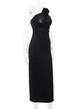 Bonnyshow  Flower Bodycon Maxi Dresses For Women Folds Slim Black Sundress Women's Sexy Backless Party Temperament Dresses Woman