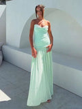 Bonnyshow  Pleated Patchwork Slim Long Women Sleeveless Backless High Waist Sexy Gown Evening Dress Chic Vacation Party Zipper Robe